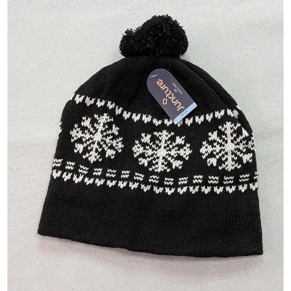 Juncture Beanie Hat Unisex One Size Black New Snowflake Fleece Lined Pom Pom